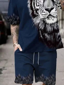 Outlet OUKU Men's Tiger 2pcs Tees sets Summer Tops Short Sleeve Short Pants Crew Neck Sport Casual Outdoor Vacation Sport 3D Print Summer Grey Dark Blue Red