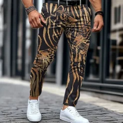 Clearance OUKU Men's Tiger Skin Dress Pants Mid Waist Business Casual Formal Outdoor Street Zipper Pocket Summer Spring Fall 3D Print Brown
