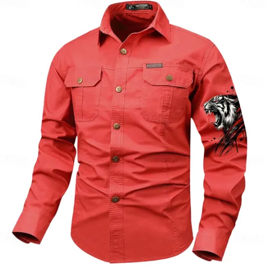 Best OUKU Men's Tiger Work Shirt Western Shirt Cargo Shirt Long Sleeve Vintage Casual Western Style Sports & Outdoor Going out Winter Spring & Fall Turndown Print Black White Army Green Red Blue
