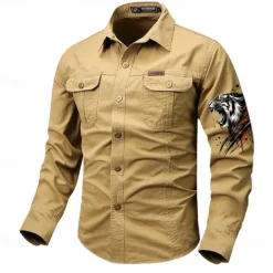 Best OUKU Men's Tiger Work Shirt Western Shirt Cargo Shirt Long Sleeve Vintage Casual Western Style Sports & Outdoor Going out Winter Spring & Fall Turndown Print Black White Army Green Red Blue