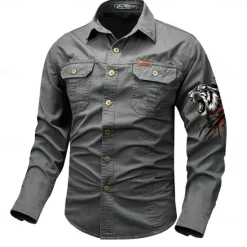 Best OUKU Men's Tiger Work Shirt Western Shirt Cargo Shirt Long Sleeve Vintage Casual Western Style Sports & Outdoor Going out Winter Spring & Fall Turndown Print Black White Army Green Red Blue