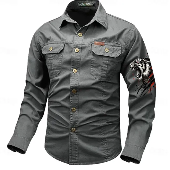 Best OUKU Men's Tiger Work Shirt Western Shirt Cargo Shirt Long Sleeve Vintage Casual Western Style Sports & Outdoor Going out Winter Spring & Fall Turndown Print Black White Army Green Red Blue