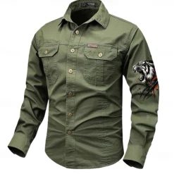 Best OUKU Men's Tiger Work Shirt Western Shirt Cargo Shirt Long Sleeve Vintage Casual Western Style Sports & Outdoor Going out Winter Spring & Fall Turndown Print Black White Army Green Red Blue