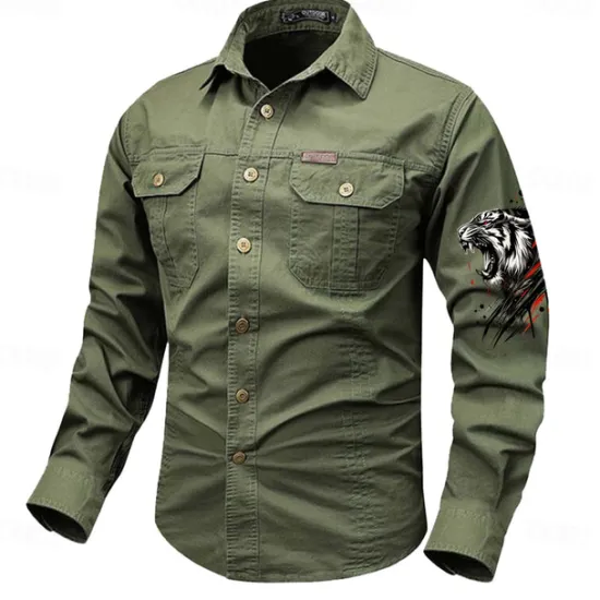 Best OUKU Men's Tiger Work Shirt Western Shirt Cargo Shirt Long Sleeve Vintage Casual Western Style Sports & Outdoor Going out Winter Spring & Fall Turndown Print Black White Army Green Red Blue