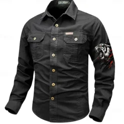 Best OUKU Men's Tiger Work Shirt Western Shirt Cargo Shirt Long Sleeve Vintage Casual Western Style Sports & Outdoor Going out Winter Spring & Fall Turndown Print Black White Army Green Red Blue