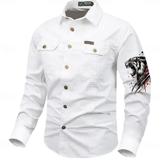 Best OUKU Men's Tiger Work Shirt Western Shirt Cargo Shirt Long Sleeve Vintage Casual Western Style Sports & Outdoor Going out Winter Spring & Fall Turndown Print Black White Army Green Red Blue