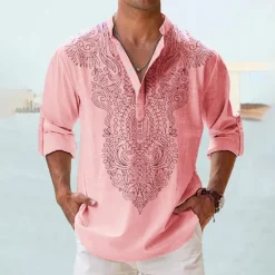 OUKU Men's Totem Ethnic Shirt Button Up Shirt Long Sleeve Fashion Streetwear Designer Outdoor Daily Summer Spring Fall Stand Collar Print Black White Pink Army Green Blue