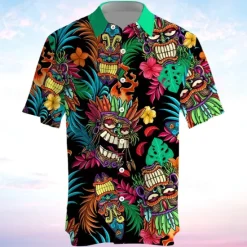 Outlet OUKU Men's Totem Shirt Summer Hawaiian Shirt Aloha Shirt Short Sleeve Shirt Turndown Vacation Hawaiian Outdoor Vacation Hawaiian Blue Fuchsia Green S M L