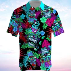 Outlet OUKU Men's Totem Shirt Summer Hawaiian Shirt Aloha Shirt Short Sleeve Shirt Turndown Vacation Hawaiian Outdoor Vacation Hawaiian Blue Fuchsia Green S M L