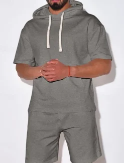 New OUKU Men's Tracksuit Hoodie & Shorts Outfit Set Hoodie Outdoor Daily Sports Pocket Drawstring Plain Black White Blue Polyester Activewear Streetwear Lightweight Summer