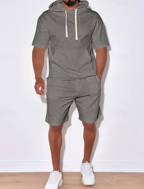 New OUKU Men's Tracksuit Hoodie & Shorts Outfit Set Hoodie Outdoor Daily Sports Pocket Drawstring Plain Black White Blue Polyester Activewear Streetwear Lightweight Summer
