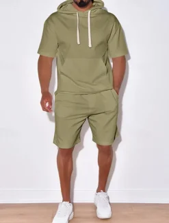 New OUKU Men's Tracksuit Hoodie & Shorts Outfit Set Hoodie Outdoor Daily Sports Pocket Drawstring Plain Black White Blue Polyester Activewear Streetwear Lightweight Summer