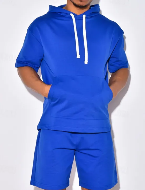 New OUKU Men's Tracksuit Hoodie & Shorts Outfit Set Hoodie Outdoor Daily Sports Pocket Drawstring Plain Black White Blue Polyester Activewear Streetwear Lightweight Summer