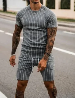 Sale OUKU Men's Tracksuit Outfit Set Shorts Crew Neck Outdoor Daily Sports Pocket Drawstring 2 Piece Stripes Royal Blue Khaki Light Grey Polyester Activewear Classic Casual Summer