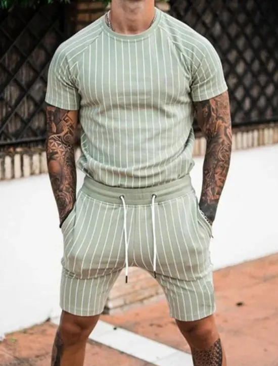 Sale OUKU Men's Tracksuit Outfit Set Shorts Crew Neck Outdoor Daily Sports Pocket Drawstring 2 Piece Stripes Royal Blue Khaki Light Grey Polyester Activewear Classic Casual Summer