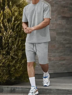 Best OUKU Men's Tracksuit Outfit Set Shorts Crew Neck Outdoor Daily Sports Pocket Drawstring 2 Piece Color Block Striped Black Navy Blue Dark Green Polyester Activewear Classic Casual Summer