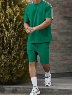 Best OUKU Men's Tracksuit Outfit Set Shorts Crew Neck Outdoor Daily Sports Pocket Drawstring 2 Piece Color Block Striped Black Navy Blue Dark Green Polyester Activewear Classic Casual Summer