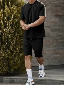 Best OUKU Men's Tracksuit Outfit Set Shorts Crew Neck Outdoor Daily Sports Pocket Drawstring 2 Piece Color Block Striped Black Navy Blue Dark Green Polyester Activewear Classic Casual Summer