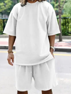 Discount OUKU Men's Tracksuit Outfit Set Shorts Crew Neck Outdoor Daily Sports Pocket Drawstring 2 Piece Plain Black White Navy Blue Polyester Activewear Classic Casual Summer