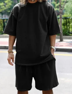 Discount OUKU Men's Tracksuit Outfit Set Shorts Crew Neck Outdoor Daily Sports Pocket Drawstring 2 Piece Plain Black White Navy Blue Polyester Activewear Classic Casual Summer