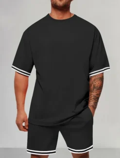 Outlet OUKU Men's Tracksuit Outfit Set Shorts Crew Neck Outdoor Daily Sports Pocket Drawstring 2 Piece Color Block Striped Black Red Navy Blue Polyester Activewear Classic Casual Summer