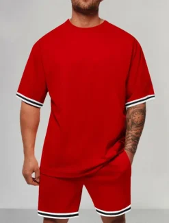 Outlet OUKU Men's Tracksuit Outfit Set Shorts Crew Neck Outdoor Daily Sports Pocket Drawstring 2 Piece Color Block Striped Black Red Navy Blue Polyester Activewear Classic Casual Summer