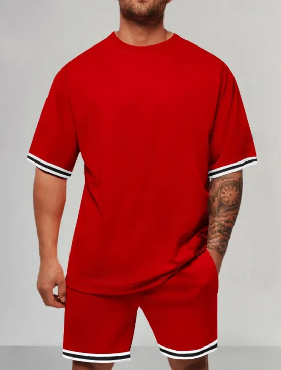 Outlet OUKU Men's Tracksuit Outfit Set Shorts Crew Neck Outdoor Daily Sports Pocket Drawstring 2 Piece Color Block Striped Black Red Navy Blue Polyester Activewear Classic Casual Summer