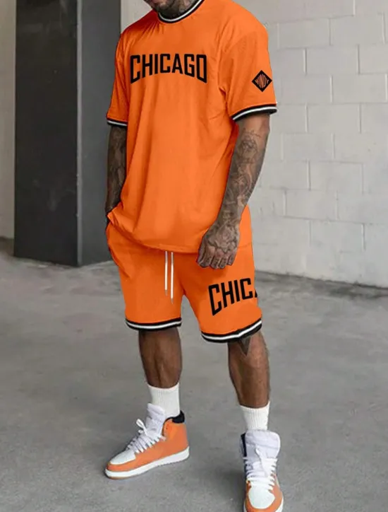 Hot OUKU Men's Tracksuit Outfit Set Shorts Crew Neck Outdoor Daily Sports Pocket Drawstring 2 Piece Graphic Letter Black White Light Green Polyester Activewear Streetwear Casual Summer