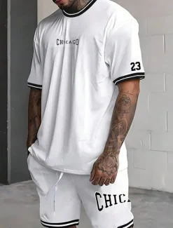 Hot OUKU Men's Tracksuit Outfit Set Shorts Crew Neck Outdoor Daily Sports Pocket Drawstring 2 Piece Graphic Letter Black White Light Green Polyester Activewear Streetwear Casual Summer