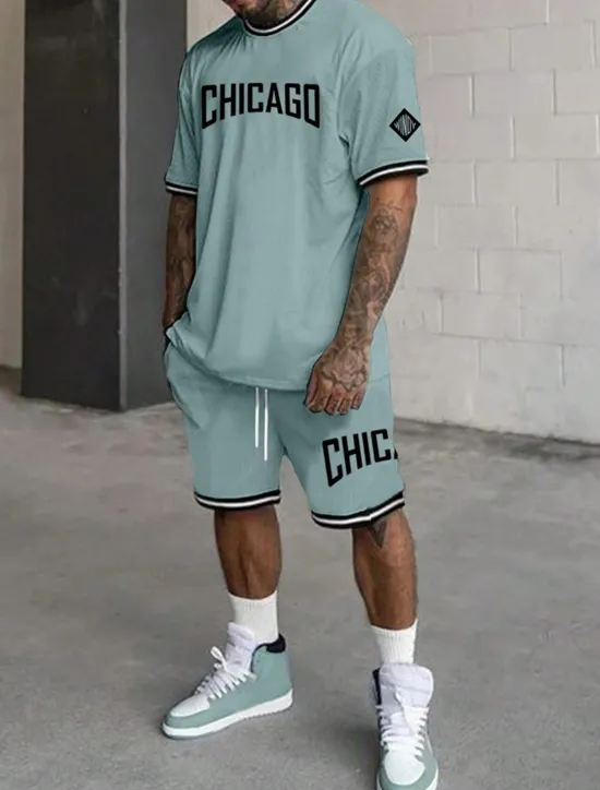 Hot OUKU Men's Tracksuit Outfit Set Shorts Crew Neck Outdoor Daily Sports Pocket Drawstring 2 Piece Graphic Letter Black White Light Green Polyester Activewear Streetwear Casual Summer