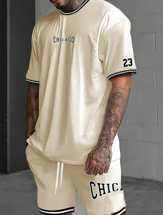 Hot OUKU Men's Tracksuit Outfit Set Shorts Crew Neck Outdoor Daily Sports Pocket Drawstring 2 Piece Graphic Letter Black White Light Green Polyester Activewear Streetwear Casual Summer