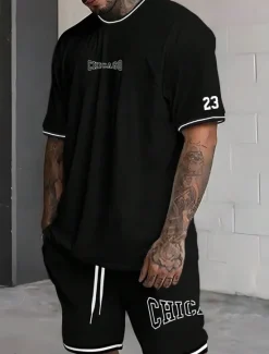 Hot OUKU Men's Tracksuit Outfit Set Shorts Crew Neck Outdoor Daily Sports Pocket Drawstring 2 Piece Graphic Letter Black White Light Green Polyester Activewear Streetwear Casual Summer