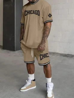 Hot OUKU Men's Tracksuit Outfit Set Shorts Crew Neck Outdoor Daily Sports Pocket Drawstring 2 Piece Graphic Letter Black White Light Green Polyester Activewear Streetwear Casual Summer