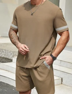 Best OUKU Men's Tracksuit Outfit Set Shorts Crew Neck Outdoor Daily Sports Pocket Drawstring 2 Piece Color Block Striped Black Purple Khaki Polyester Activewear Classic Casual Summer