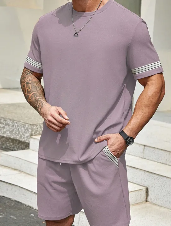 Best OUKU Men's Tracksuit Outfit Set Shorts Crew Neck Outdoor Daily Sports Pocket Drawstring 2 Piece Color Block Striped Black Purple Khaki Polyester Activewear Classic Casual Summer