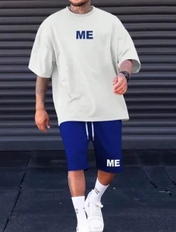 Sale OUKU Men's Tracksuit Outfit Set Shorts Crew Neck Outdoor Daily Sports Pocket Drawstring 2 Piece Color Block Letter Black White Blue Polyester Activewear Classic Casual Summer