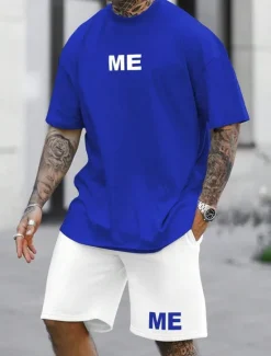Sale OUKU Men's Tracksuit Outfit Set Shorts Crew Neck Outdoor Daily Sports Pocket Drawstring 2 Piece Color Block Letter Black White Blue Polyester Activewear Classic Casual Summer