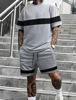 Hot OUKU Men's Tracksuit Outfit Set Shorts Crew Neck Outdoor Daily Sports Pocket Drawstring 2 Piece Color Block Light Grey Dark Grey Polyester Activewear Classic Casual Summer