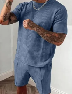 Discount OUKU Men's Tracksuit Outfit Set Shorts Crew Neck Outdoor Daily Sports Pocket Drawstring 2 Piece Plain Black Blue Sky Blue Polyester Activewear Classic Casual Summer