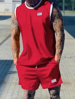 Discount OUKU Men's Tracksuit Outfit Set Shorts Crew Neck Outdoor Daily Sports Pocket Drawstring 2 Piece Patchwork National Flag Black White Red Polyester Activewear Classic Casual Summer