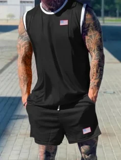 Discount OUKU Men's Tracksuit Outfit Set Shorts Crew Neck Outdoor Daily Sports Pocket Drawstring 2 Piece Patchwork National Flag Black White Red Polyester Activewear Classic Casual Summer