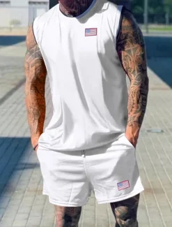 Discount OUKU Men's Tracksuit Outfit Set Shorts Crew Neck Outdoor Daily Sports Pocket Drawstring 2 Piece Patchwork National Flag Black White Red Polyester Activewear Classic Casual Summer