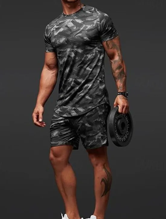 Discount OUKU Men's Tracksuit Outfit Set Shorts Crew Neck Outdoor Daily Sports Pocket Drawstring 2 Piece Camouflage White Dark Grey Army Green Polyester Activewear Classic Casual Summer