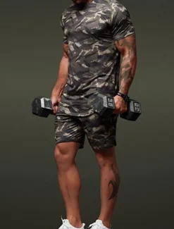 Discount OUKU Men's Tracksuit Outfit Set Shorts Crew Neck Outdoor Daily Sports Pocket Drawstring 2 Piece Camouflage White Dark Grey Army Green Polyester Activewear Classic Casual Summer