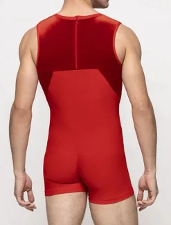 New OUKU Men's Tracksuit Shapewear Bodysuit Gymnastics Suits Crew Neck Outdoor Sports Patchwork Plain Black Red Polyester Activewear Sports & Outdoors Gymnatics Spring