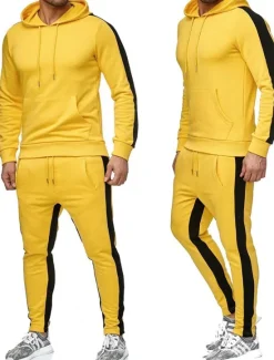 Clearance OUKU Men's Tracksuit Sweatsuit Activewear Set Pullover Hoodie Sweatshirt Jogging Suits Black White Yellow Red Dark Gray Hooded Solid Color Stripes Sports & Outdoor Going out Sportswear Sportswear Workout