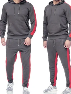 Clearance OUKU Men's Tracksuit Sweatsuit Activewear Set Pullover Hoodie Sweatshirt Jogging Suits Black White Yellow Red Dark Gray Hooded Solid Color Stripes Sports & Outdoor Going out Sportswear Sportswear Workout