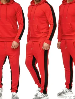 Clearance OUKU Men's Tracksuit Sweatsuit Activewear Set Pullover Hoodie Sweatshirt Jogging Suits Black White Yellow Red Dark Gray Hooded Solid Color Stripes Sports & Outdoor Going out Sportswear Sportswear Workout