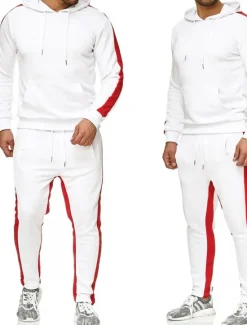 Clearance OUKU Men's Tracksuit Sweatsuit Activewear Set Pullover Hoodie Sweatshirt Jogging Suits Black White Yellow Red Dark Gray Hooded Solid Color Stripes Sports & Outdoor Going out Sportswear Sportswear Workout