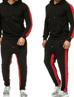 Clearance OUKU Men's Tracksuit Sweatsuit Activewear Set Pullover Hoodie Sweatshirt Jogging Suits Black White Yellow Red Dark Gray Hooded Solid Color Stripes Sports & Outdoor Going out Sportswear Sportswear Workout